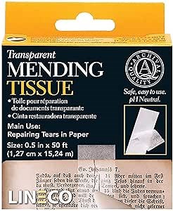 Lineco Archival Document Repair Tape, Repairs Paper Documents, Book Pages, Maps, Ephemera, Photos and Printed Artwork. Ideal for Family Archivist, Acid-Free Translucent Tape 0.5" x 12', Pack of 1