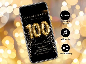 100th Birthday Invitation Evite, Editable 100th Birthday Digital Invite, 100th Birthday Electronic Invitation, Black and Gold One Hundred - Etsy