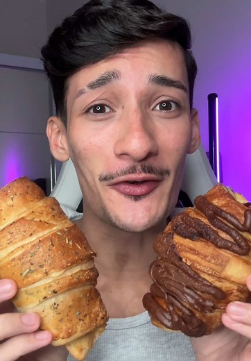 Comendo croissant salgado e doce — prova e reação