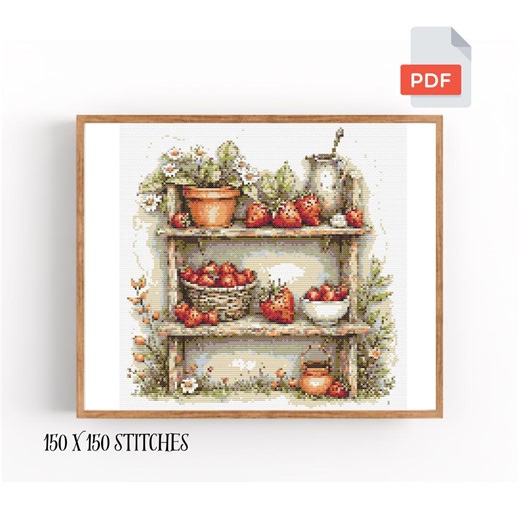 Strawberry Shelf Cross Stitch Pattern PDF, Cottage Scene Chart Digital Download - Etsy