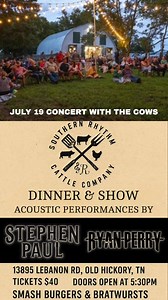 Looking for something unique to do in Mt. Juliet? Don’t miss Concert with the Cows on July 19th at Southern Rhythm Cattle Co. This fun, family-friendly event takes place on a shaded pasture and features a smash burger and brat bar with all the toppings, live music from Ryan Perry and @stephenpaulmusic, and a special meet & greet with Mac and Gus in the barn. Bring a chair, kick back, and enjoy a true Tennessee evening on the farm. Tickets and full event details are available at southernrhythmcat