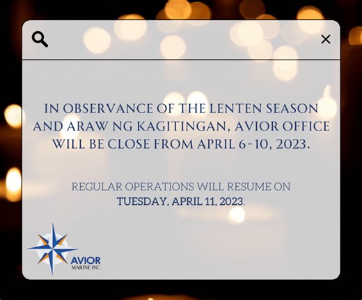 2.1K views · 59 reactions |  Announcement  In observance of the Holy Week and Araw ng Kagitingan, please be guided accordingly. Have a reflective and meaningful week.  | Avior Marine Inc. - Recruitment | Facebook