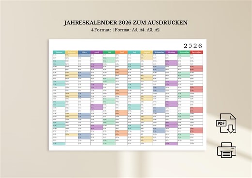Buy Printable 2026 Calendar | 2026 Wall Calendar (A5, A4, A3, A2) | Landscape Format / German 2026 Planner Online in India - Etsy