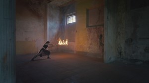 Talented woman doing a dance with a fire saber - Free Stock Video