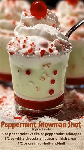 Peppermint Snowman Shot ⛄🍬❄️ Ingredients: 1 oz peppermint vodka or peppermint schnapps 🍬 1/2 oz white chocolate liqueur or Irish cream 🍫 1/2 oz cream or half-and-half 🥛 Crushed candy canes or peppermint sugar for rimming ❄️ Whipped cream topping ☁️ Mini marshmallow, candy cane piece, or chocolate shaving for garnish ✨ Instructions: Rim your shot glass with crushed candy canes or peppermint sugar. Fill a shaker with ice, then add peppermint vodka, white chocolate liqueur, and cream. Shake wel