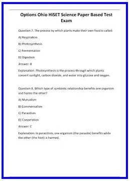 Options Ohio HiSET Science Paper Based Test Exam 636x882