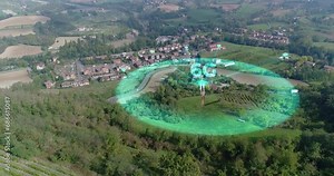 Visualization of mobile data transmission from telecommunications tower. Telecommunications tower on top of a mountain. Telecommunications tower distributes internet concept.