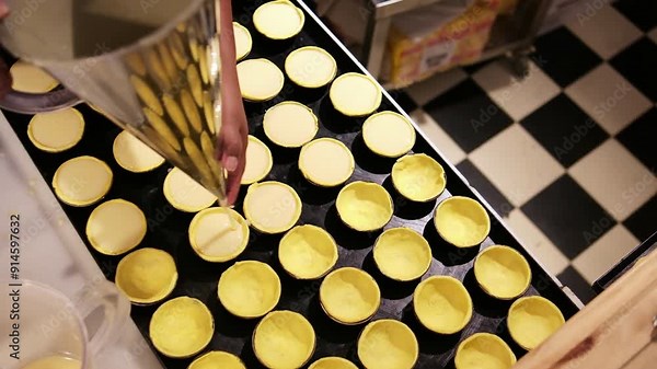 The process of making Pastel de nata - Spanish dessert made from puff pastry. Making small Spanish pastries Pastel de Belem - putting the dough into baking moulds.