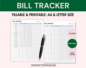 Bill Tracker Fillable Bill Payment Tracker Printable Personal Finance Tracker Monthly Bill Organizer Yearly Bill Planner A4 & Letter Size - Etsy