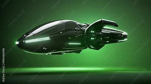 Sleek, black futuristic spaceship with glowing green lights is hovering on a green screen background, ready for compositing into your next project