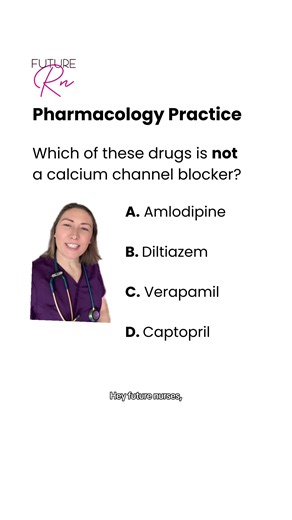 Does pharmacology stump you? It can be a real challenge in nursing school. Let’s do this pharmacology practice question together. Put your answer in the comments below. The correct answer is D! Captopril (“-pril”) is an ACE inhibitor. Amlodipine, diltiazem, and verapamil are all calcium channel blockers. #nursing #nursingschool #nursingstudent #nursingschoolproblems #nursingstudentlife