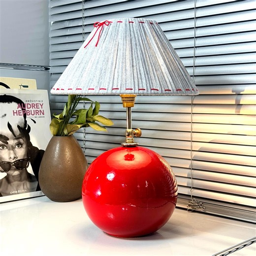 Red Ceramic Globe Table Lamp Grey Pleated Shade Bow Detail - Etsy