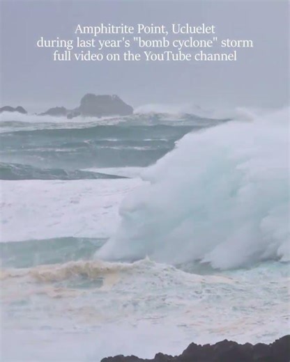 A massive wave near Amphitrite Point lighthouse in Ucluelet during last year's "bomb cyclone" storm