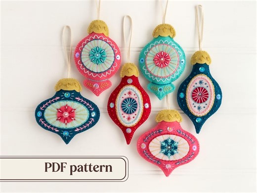 Felt Christmas Baubles Embroidery Pattern, DIY Holiday Décor, Set of Six Hanging Ornaments, Retro Tree Decorations, Printable PDF Download - Etsy