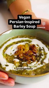 Vegan Anti-Inflammatory Persian-Inspired Barley Soup created by the beautiful @theiranianvegan * 2 large white onions, sliced * 4 cloves garlic * 1 tsp turmeric * 1 tsp of black pepper * 1 tsp of salt * 1 cup of chickpeas (lused @boldbeanco * 1 cup of barley * 1/2 cup of dry lentils * 1/2 cup of rice * 1 large bunch parsley * 1 large bunch coriander * 1 large bunch fresh dill * 1 large leek * 6 tbsp of dried mint Vegan kashk (dairy topping for garnish) * 1 cup vegan yoghurt * Juice of half a lim