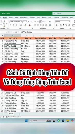 Cách cố định dòng tiêu đề và tổng cộng trên Excel