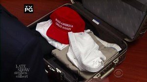 MAGA hat, golf balls, the President is only bringing the essentials for his big trip overseas... | The Late Show with Stephen Colbert