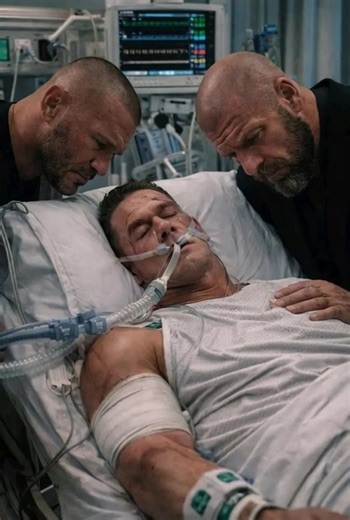 💔 Wrestling Stands United 💔 A heartbreaking moment for the WWE Universe. John Cena, the symbol of strength and resilience, lies injured in a hospital bed after a devastating incident. Beside him stand Randy Orton and Triple H, not as rivals, but as brothers—silent, emotional, and praying. This image reminds us that beyond the ring, these warriors are human, bound by respect and history. Championships fade, rivalries end, but brotherhood remains forever. Tonight, the wrestling world holds its b