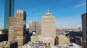 Boston Back Bay skyline aerial view including John Hancock Tower and Berkeley Building in winter, Boston, Massachusetts MA, USA.