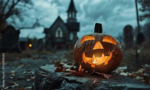 A spooky Halloween scene featuring a carved pumpkin in a graveyard with a haunted house backdrop.