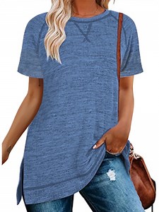 SHIBEVER Women Tops Summer Short Sleeve Tops Casual Loose Side Split Tunic Tops Ladies Comfortable Crewneck Tops Blouse Blue XL