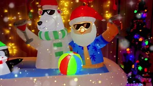 BLOWOUT FUN Christmas Inflatable Outdoor Decoration, Christmas Inflatables 7 FT Hawaiian Santa Pool Party with Polar Bear & Penguin,Blow up Bathtub Decor Built-in LED, Garden Patio Lawn Party Gifts