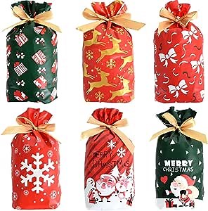 60 pcs Christmas Candy Bags Gift Pockets Red and Green Color Style Plastic Drawstring Gift Bags Snowman Santa Claus Deer Design for Christmas Party and Holiday Gift Present Decorations