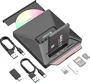 SUIDEK CD DVD Drive External, Portable CD DVD Driver +/-RW Burner with 2.5" SATA,SD Card Reader and USB A Type C 2.0 Hub Compatible with Laptop PC