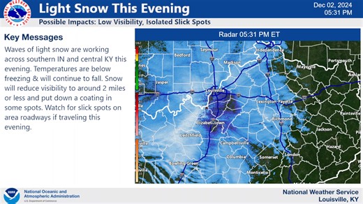 14K views · 37 reactions | Radar Update 5:30pm EST 12-2-24 Waves of light snow working across the area this evening. Main impacts will be reduced visibility of 2 miles or less. There could be a quick coating leading to some slick spots on area roads. #INwx #KYwx Complete forecast: https://weather.gov/lmk | US National Weather Service Louisville Kentucky | Facebook