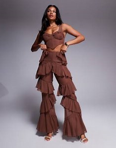 ASOS LUXE boho chiffon ruffle pants in chocolate - part of a set | ASOS