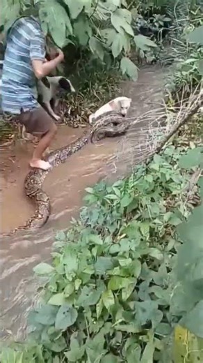 A python attacked a dog, and the local villagers rescued it.