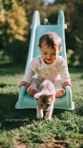 Cute funny baby and tiny kitty cat slide down with fun 😍🥰 Both happy and funny �