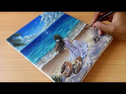 Easy Beach Scenery Acrylic Painting Tutorial | Girl Sitting on Beach Painting