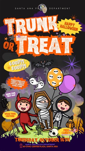 🎃 It’s almost time for our annual #SantaAnaPD Trunk or Treat!We want to remind our #SantaAnaCommunity to join us for a fun and safe Halloween celebration! 👻🚓 🗓️ Thursday, October 16th🕕 6:00 PM – 8:00 PM📍 60 Civic Center Plaza, Santa Ana Come early for a special pumpkin giveaway during the first hour 🎃 plus candy, treats, vehicle displays, and plenty of family fun! 🍬🚗Don’t forget your costume and treat bag! 🛍️🍭 We hope to see you there! 👻——-🎃 ¡Ya casi llega nuestro evento anual#Santa