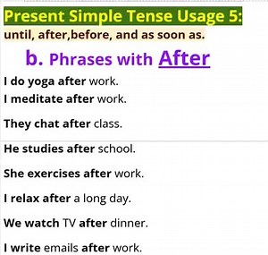 Present Simple Tense Usage 5: until, after,before, and as soon as. b. Phrases with After | Empowering English Learning