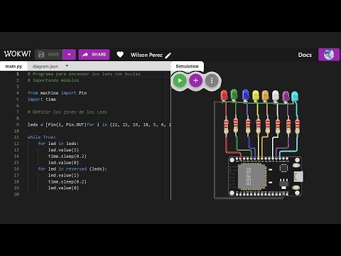 Montaje 23: Programado en un ESP32 leds con bucle while, for y listas en python y wokwi