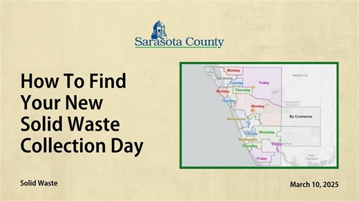 5.1K views · 23 reactions | Sarasota County will transition to automated garbage collection on March 31. Your solid waste collection day is likely changing. Hunter Jensen with Solid Waste walks us through how to use the interactive map at https://loom.ly/Zi40uBA to find your new pickup day. For more information, please visit scgov.net/FreshStartWithaCart #SRQCountySolidWaste | Sarasota County Government | Facebook