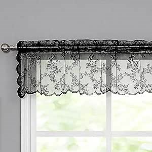 Black Sheer Valance Kitchen Curtain 56 x 15 Inch Floral Lace Curtain Panels for Living Room Light Filtering Embroidery Sheer Cafe Valances for Bedroom Rod Pocket Window Treatments, 1 Piece