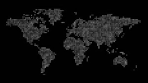 Black and White Dotted world map. Dots globe world map. Seamless loop. Digital world map. Big data and cloud computing background. Global social network. Internet and technology. 3d render animation 4