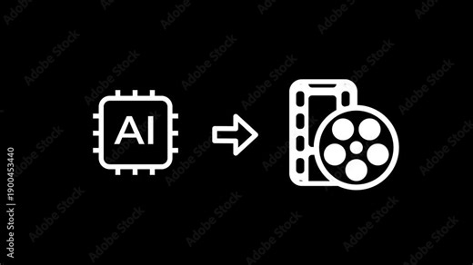 An artificial intelligence processor points to a movie film reel icon showcasing the automated production and editing of cinematic content using highly advanced generative machine learning tools