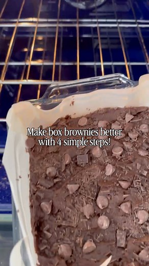 How to make box brownies BETTER👇 Grab a boxed brownie mix. You can use your favorite brand, just make sure it’s for a 9×13 pan size. ✨ Using the same amount on the back of your brownie box, use melted butter in place of oil. ✨ Use heavy cream in place of water. If needed, you could also use milk instead if you’re in a pinch. ✨ Double the amount of eggs listed on brownie box but use only the yolks. ✨ Add LOTS chocolate to the top of your brownies prior to baking! With a few simple tweaks and no 