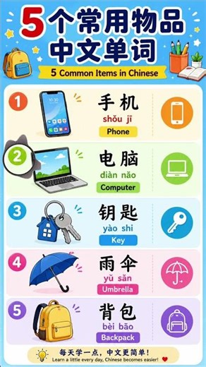 📱 Learn 5 Common Chinese Item Words Fast! 必学5个中文物品单词！🔥