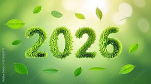 Green leaves grow in 2026 word. Ecology concept