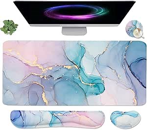 4-in-1 Large Gaming Mouse Pad, Keyboard Wrist Rest Pad & Wrist Support Mousepad Set, Extended Desk Pad Waterproof Desk Mat for Home Office Study Game - Blue