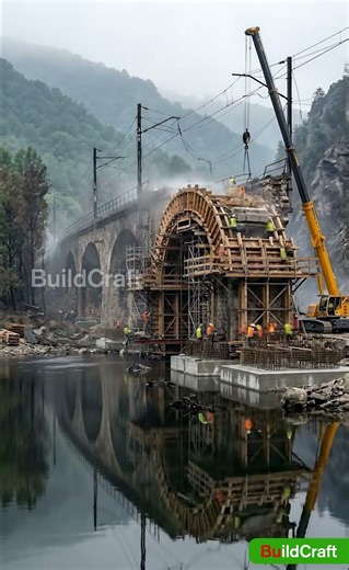 Red train on a foggy bridge over a still river