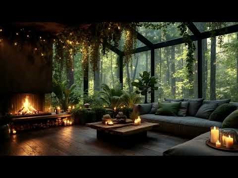 Rain Sounds in a Cozy Forest Cabin 🌲 Soft Jazz & Fireplace Ambience for Insomnia Relief