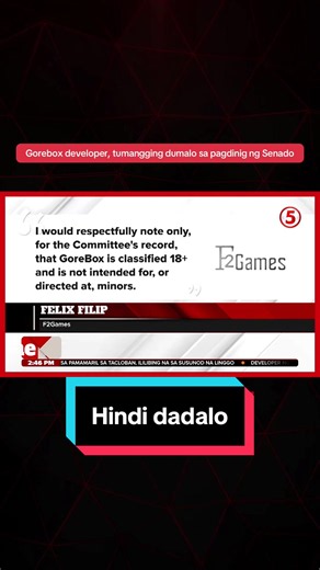 #FrontlineExpress | Tumanggi ang developer ng online game na Gorebox na dumalo sa pagdinig ng Senado sa Miyerkules, July 1.