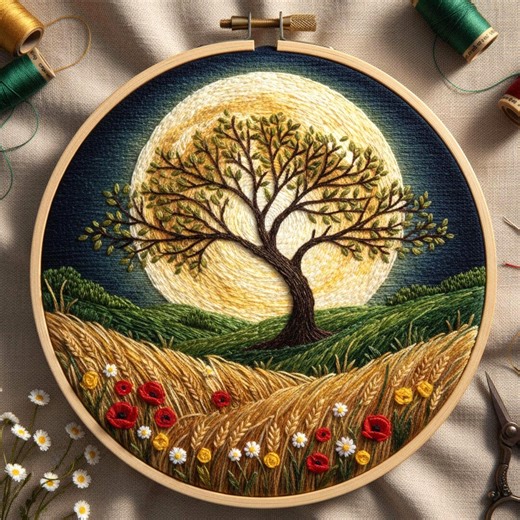 Moonlit Tree Embroidery Pattern, Night Landscape Hoop Design, Printable PDF - Etsy