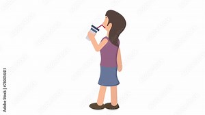 Woman drinks soda. Animation of drinking from a glass with a straw, alpha channel. Cartoon