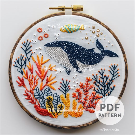 Whale Hand Embroidery Pattern, Decor for Beach Home, Whale Pattern, Ocean Pattern, Hand Embroidery Pattern PDF, Ocean Wildlife Embroidery - Etsy